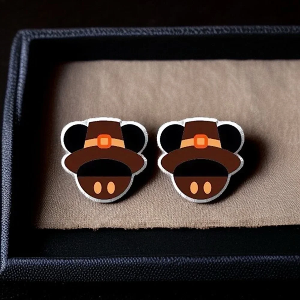 Thanksgiving Pilgrim Hat Mouse Ears Stud Earrings NWT Festive Fall Jewelry
